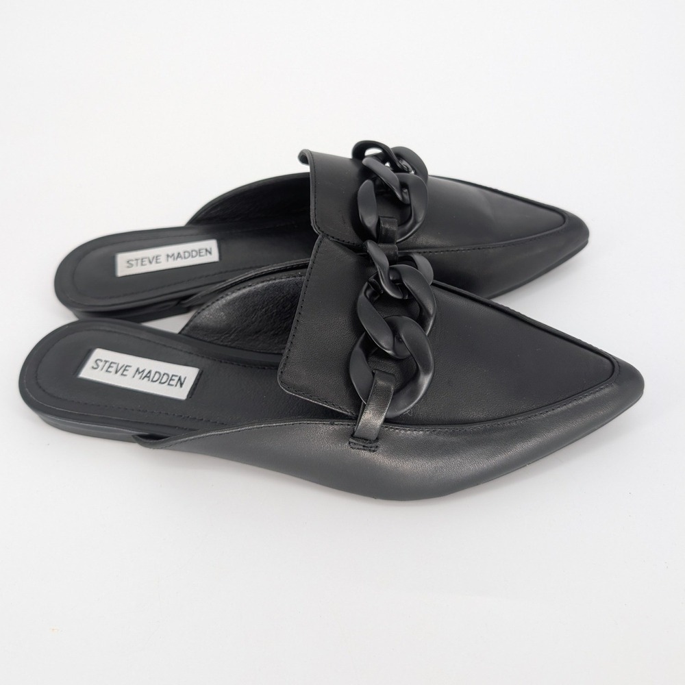 Steve Madden Fleur Mule Women 9M Black Leather Pointed Toe Chain Flat Chic Edgy - Picture 4 of 10